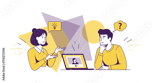 Two people, a man and a woman, engaged in a lively conversation with speech bubbles and gestures in a modern flat illustration style.