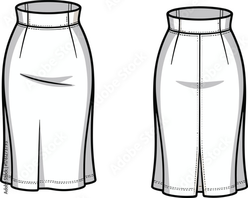 White skirt technical fashion sketch, front and back view, high waist, seam detail, slit hem, cad drawing flat vector illustrationWhite skirt technical fashion sketch, front and back view,
