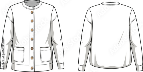 White cardigan technical fashion sketch, round neckline, button closure, patch pockets, long sleeves, relaxed fit, cad drawing flat vector illustration