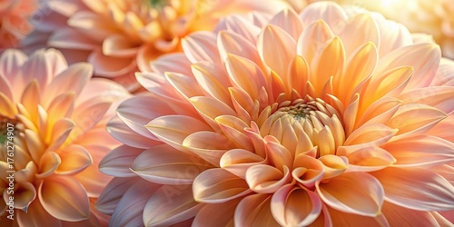 Close-up view of delicate peach-colored dahlia blossoms, showcasing intricate petal details and soft, warm lighting.