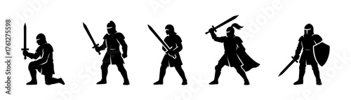 Knight warrior silhouette icons , sword, armor, shield, medieval