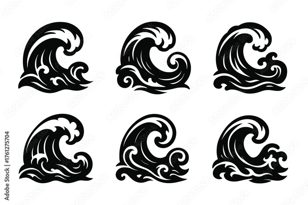 Fototapeta premium Ocean wave silhouette icons ,sea, surf, nature, motion, power