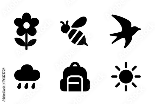 Spring nature silhouette icons , flower, bee, bird, sun, rain, backpack