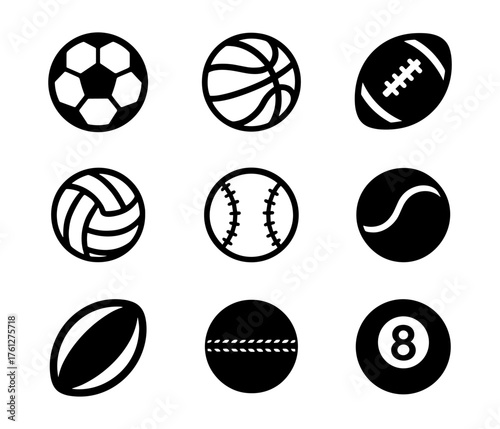 Sports ball silhouette icons , soccer, basketball, football, volleyball, tennis, baseball