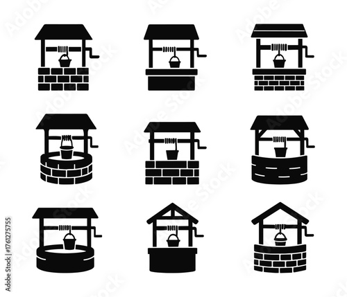 Well silhouette icons ,vintage water well, wooden well, stone well, bucket