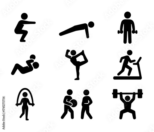 Workout silhouette icons ,push up, plank, squat, treadmill, yoga, jump rope, weightlifting