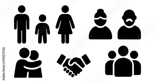 Family and relationship silhouette icons ,man, woman, child, grandparents, hug, handshake