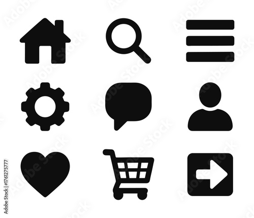 App navigation silhouette icons , home, search, settings, chat, user, heart, cart, arrow