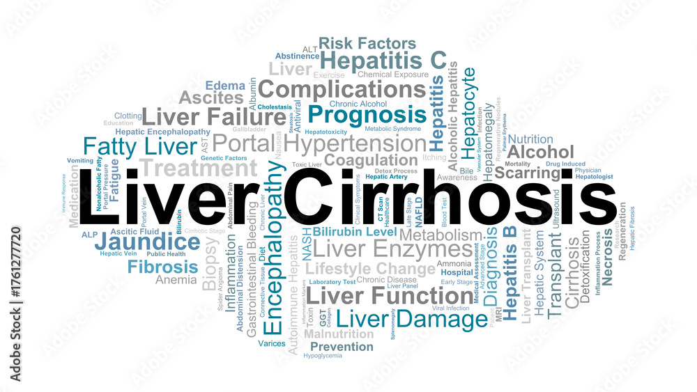 Fototapeta premium Liver Cirrhosis Word Cloud. Key Concepts Of Chronic Liver Damage, Causes, And Treatment.