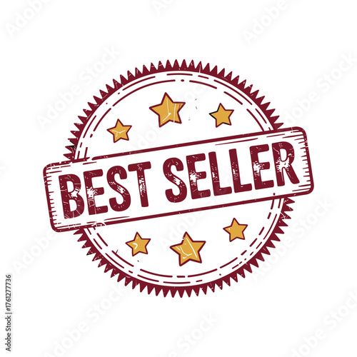 Bold red and white circular stamp declares best seller with golden stars
