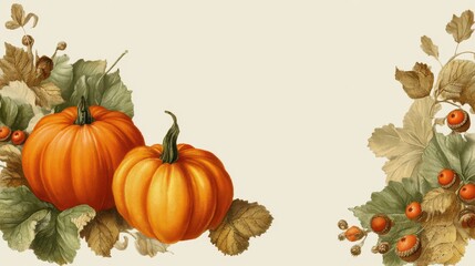 rectangular vintage pumpkin frame with fall accents isolated on transparent background