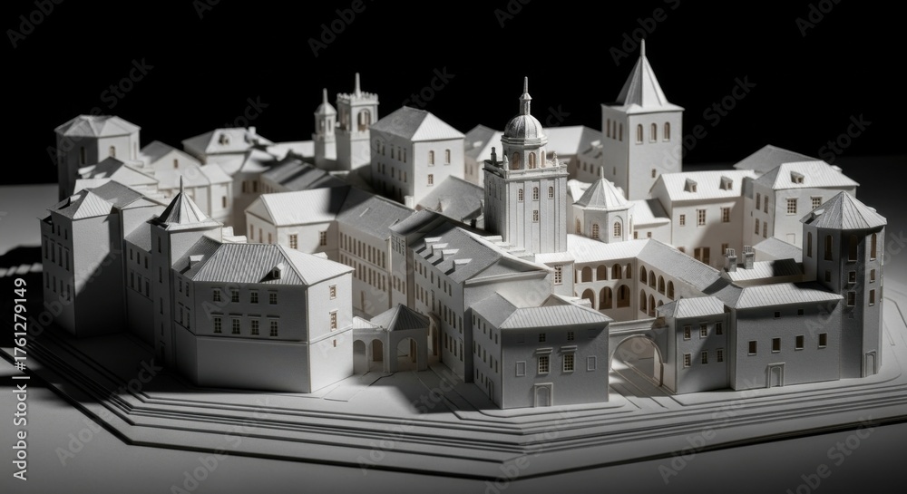 Fototapeta premium White Architectural Model of Historic Town with Churches and Buildings in Dark Background