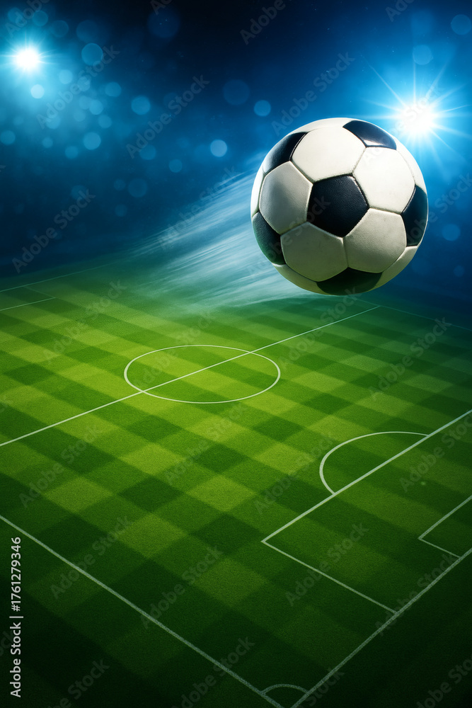 Fototapeta premium Soccer ball in motion over a green football field stadium lights background