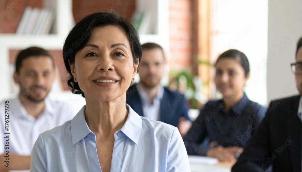 Fototapeta premium Portrait of a confident woman smiling in front of a group of colleagues 