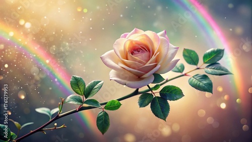 A Single Pale Rose Blossom Gracefully Arched Against a Vibrant Rainbow Backdrop