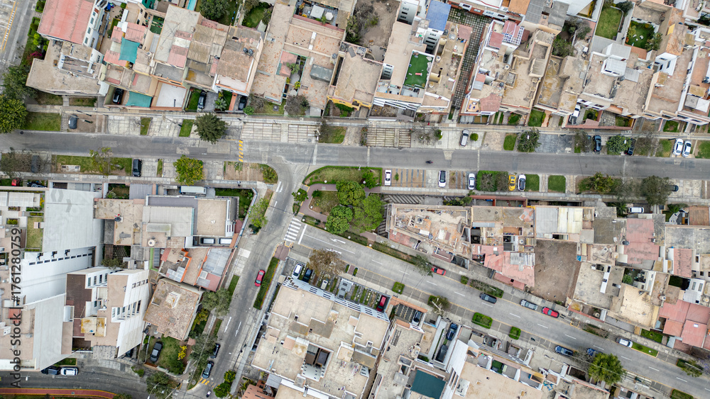 Fototapeta premium Top-down aerial view of Lima’s neighborhood streets.