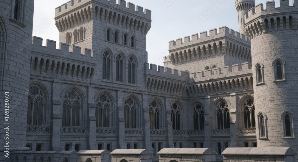 Fototapeta premium Majestic Gray Stone Castle with Tall Towers and Gothic Windows in Bright Daylight