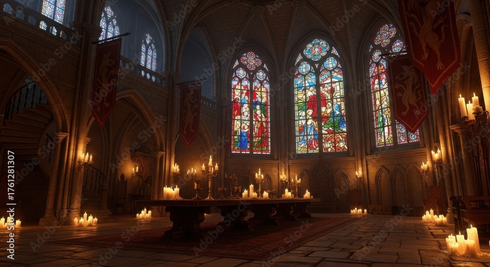 Fototapeta premium Gothic Cathedral Interior with Stained Glass Windows and Candlelit Atmosphere