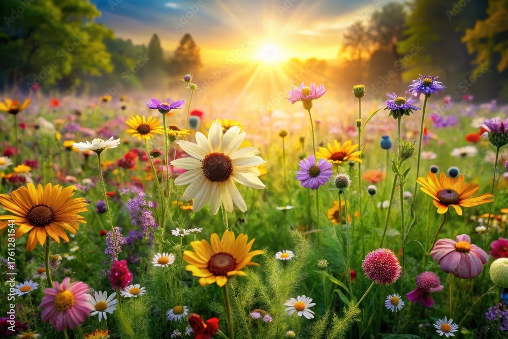 Fototapeta premium A vibrant meadow bursting with wildflowers at sunrise, bathed in golden light, showcasing a diverse array of colors and textures, a breathtaking display of nature's beauty