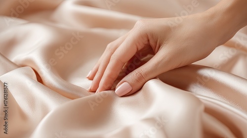 Wallpaper Mural Elegant Hand Gently Touching Soft Satin Fabric in Warm Peach Color for Textiles and Fashion Themes Torontodigital.ca