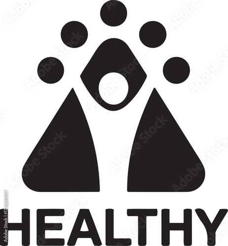 Abstract humanoid figure with five circles above and the word healthy below on a transparent canvas isolated on transparent background
