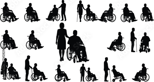 Silhouettes of People Assisting Wheelchair Users in Varied Poses, Calm Mood, One-Panel Disability Support and Care Vector Scene