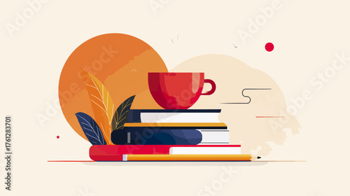 Cup atop stack of books surrounded by leaves pencil abstract illustration