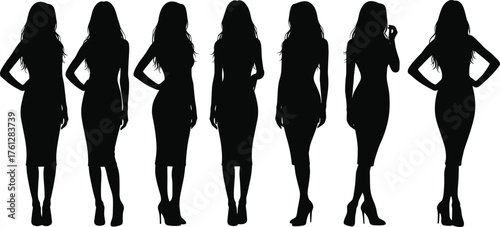 Silhouette, woman, female, model, fashion, dress, heels, posing, standing, walking, posture, outline, vector, illustration, design, template, isolated, black, white, background, reference