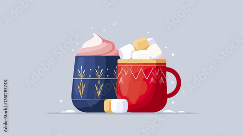 Cups of hot chocolate with whipped cream and marshmallows illustration