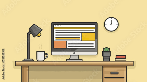 Desktop computer setup with accessories and objects illustration