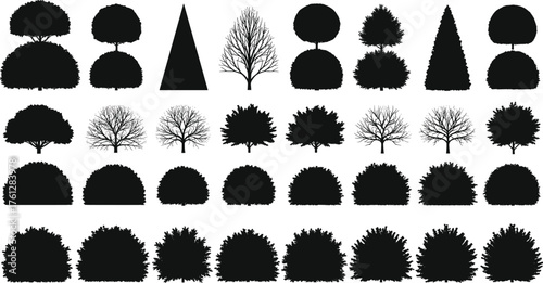 Silhouette, tree, bush, foliage, plant, nature, landscape, garden, topiary, outline, vector, illustration, design, template, isolated, black, white, background, greenery, reference