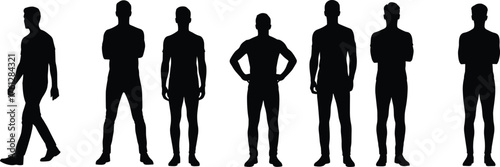 Silhouette, male, figures, standing, walking, posing, posture, human, outline, model, vector, illustration, design, template, isolated, black, white, background, fashion, reference