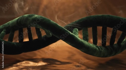 A stylized green DNA helix on a golden, smoky background.