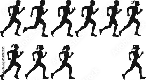 Running motion silhouette sequence, male and female athlete stride cycle, jogging exercise illustration, sports biomechanics, fitness training vector graphic design