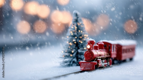 red toy train and christmas tree in snow on blurred lights background concept for christmas new year winter holidays banner with copy space christmas festive composition