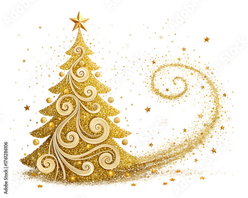 Golden christmas tree on transparent background