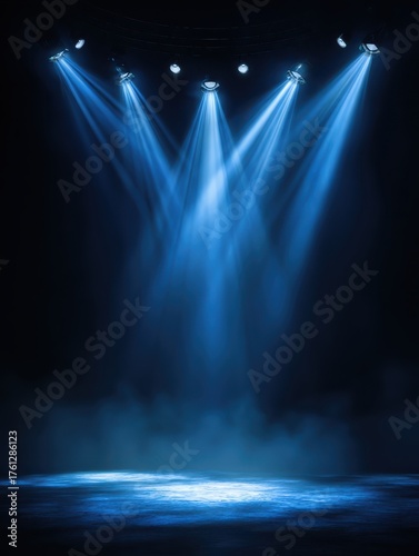 blue stage lights with spotlights creating a captivating scene on a dark background spotlight scene illumination light effect