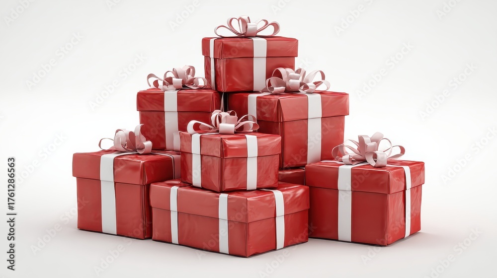 Obraz premium stack of red gift boxes with white ribbons