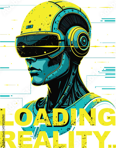 Vibrant graphic art of a cyborg looking forward through a virtual reality helmet, representing the digital frontier and simulated worlds