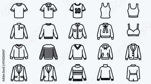 Clothing icon set featuring various styles for apparel design needs