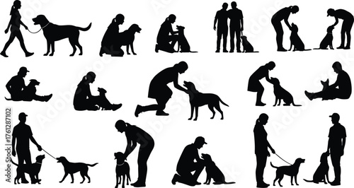 Silhouettes of People Interacting with Dogs in Varied Poses and Activities, Calm Mood, One-Panel Pet Bonding Vector Scene