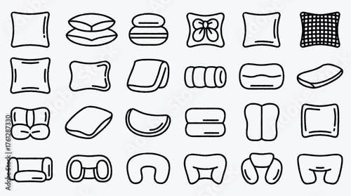 Collection of Pillow and Cushion Outline Icons Set Isolated Vector Illustration