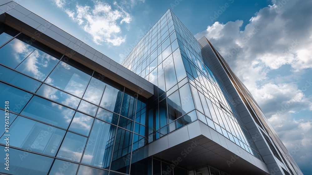 Obraz premium Modern Architecture and the Sky: A contemporary building with glass facade reaching towards the sky under a dramatic cloudscape. Showcasing lines, reflections, and the vastness of the heavens. 