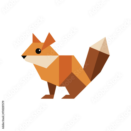 Geometric origami squirrel illustration with a bushy tail and alert eyes on a white background