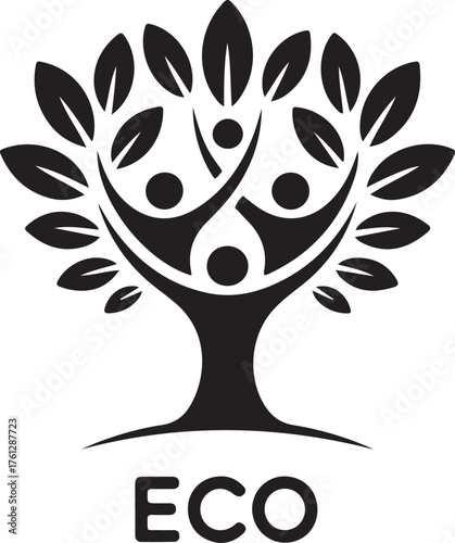 Stylized tree of life symbol with human figures embracing growth and community concept represented by eco text isolated on transparent background