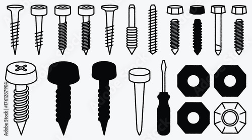 Detailed vector illustration of screws nuts bolts nails and screwdriver