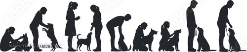 Silhouettes of People Interacting with Dogs in Play, Training, and Walking Poses, Calm Mood, One-Panel Pet Bond Vector