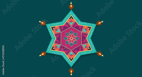 Vector Pattern Illustration with Symmetrical Star Shape and Ornamental Details in Vibrant Colors for Cultural or Decorative Design