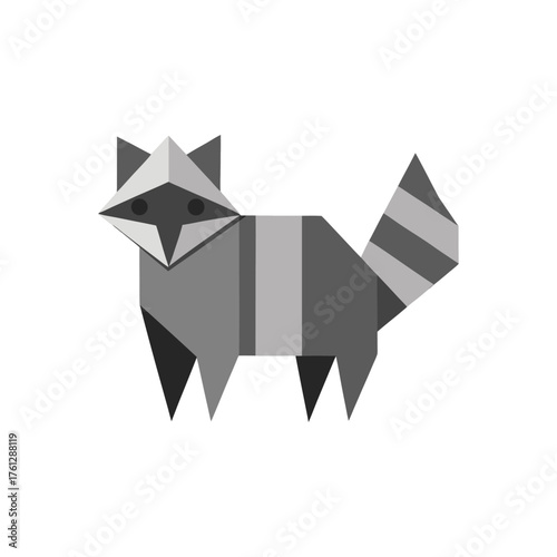 Geometric origami raccoon illustration with distinctive stripes and angular features on a white background