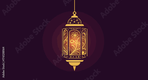 Vector Illustration of Ornamental Lantern in Elegant Vintage Style with Gold and Dark Purple Colors for Cultural or Festive Design